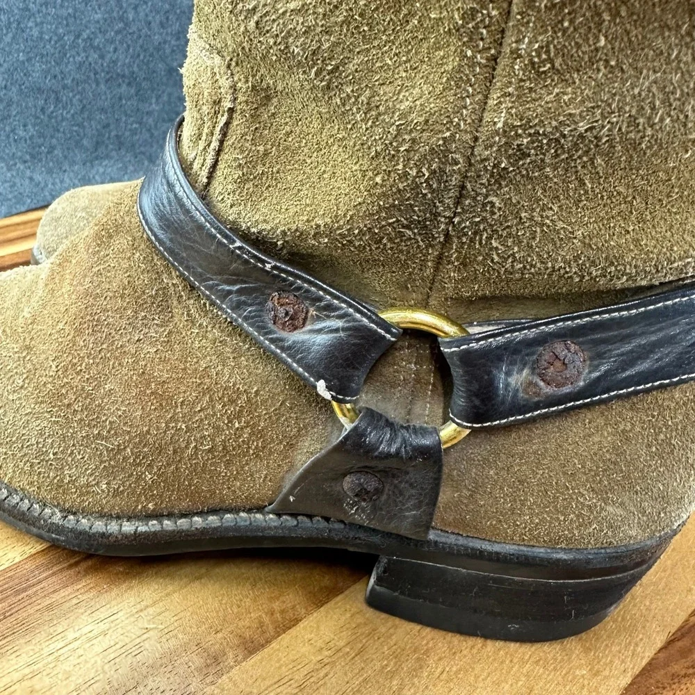 Vintage 1970s Mens Tan Suede Harness Boots Square Toe Brown Leather Straps 9.5 - Picture 7 of 12